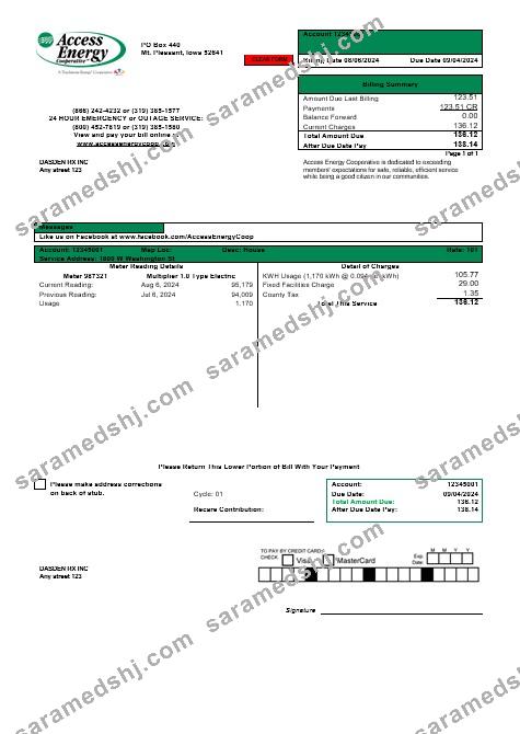 USA Iowa Access Energy Cooperative business utility bill template in Word and PDF formats